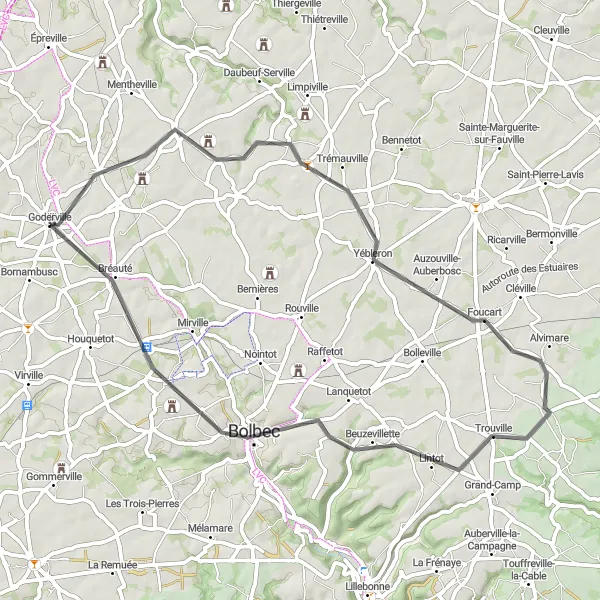 Map miniature of "Cycling through Beuzevillette and Bréauté" cycling inspiration in Haute-Normandie, France. Generated by Tarmacs.app cycling route planner