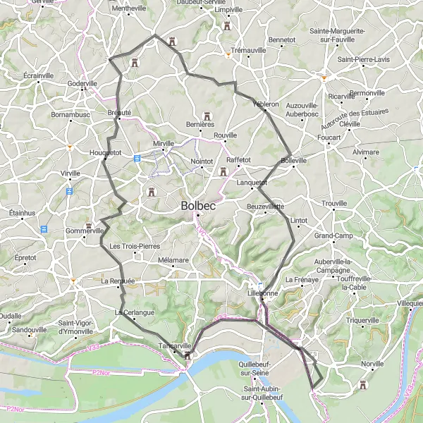 Map miniature of "Goderville to Houquetot loop" cycling inspiration in Haute-Normandie, France. Generated by Tarmacs.app cycling route planner
