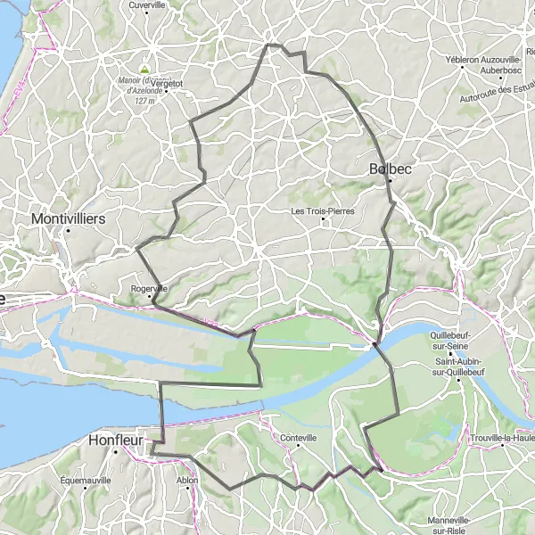 Map miniature of "Bolbec and Marais-Vernier Circuit" cycling inspiration in Haute-Normandie, France. Generated by Tarmacs.app cycling route planner