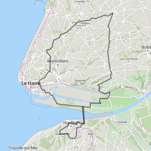 Map miniature of "Honfleur and Pont de Normandie Loop" cycling inspiration in Haute-Normandie, France. Generated by Tarmacs.app cycling route planner