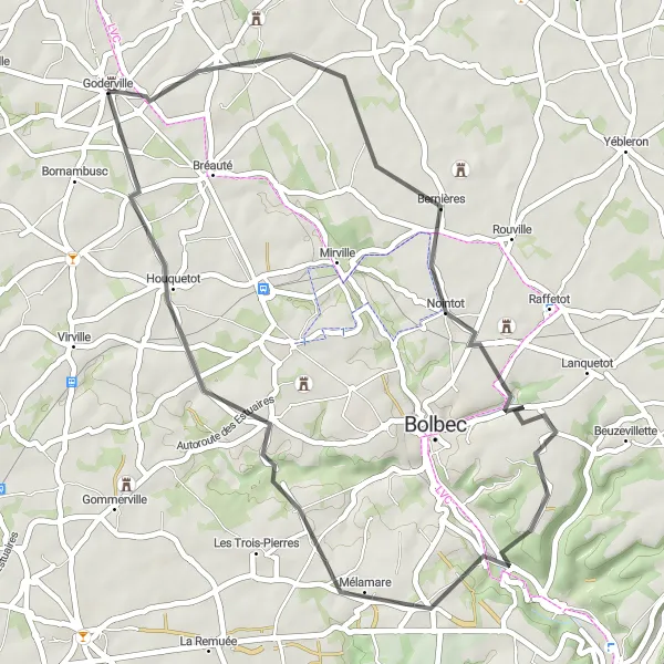 Map miniature of "The Hidden Gems" cycling inspiration in Haute-Normandie, France. Generated by Tarmacs.app cycling route planner