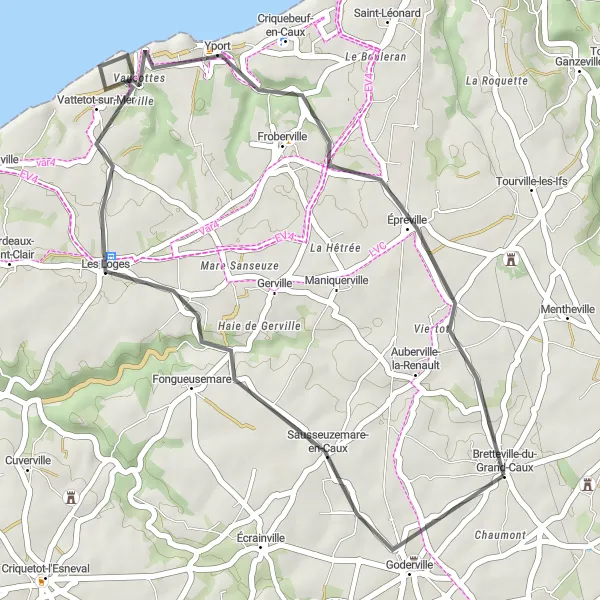 Map miniature of "The Scenic Delight" cycling inspiration in Haute-Normandie, France. Generated by Tarmacs.app cycling route planner