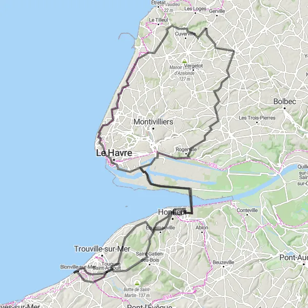 Map miniature of "The Coastal Adventure" cycling inspiration in Haute-Normandie, France. Generated by Tarmacs.app cycling route planner