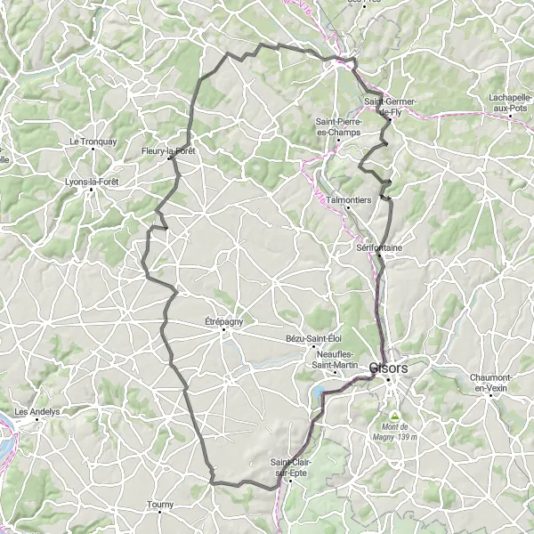 Miniature de la carte de l'inspiration cycliste "Boucle à travers la campagne normande" dans la Haute-Normandie, France. Générée par le planificateur d'itinéraire cycliste Tarmacs.app