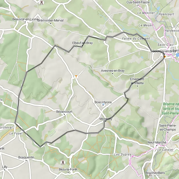 Map miniature of "Gournay-en-Bray to Elbeuf-en-Bray Loop" cycling inspiration in Haute-Normandie, France. Generated by Tarmacs.app cycling route planner