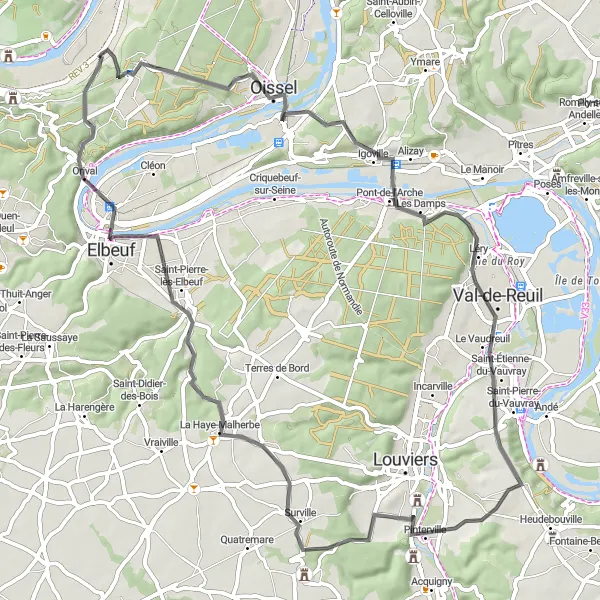 Map miniature of "Riverside Adventure" cycling inspiration in Haute-Normandie, France. Generated by Tarmacs.app cycling route planner