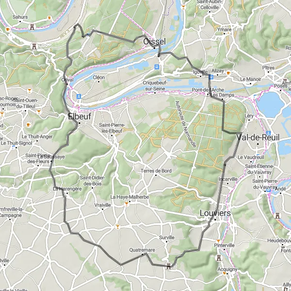 Map miniature of "Valleys and Manoirs" cycling inspiration in Haute-Normandie, France. Generated by Tarmacs.app cycling route planner