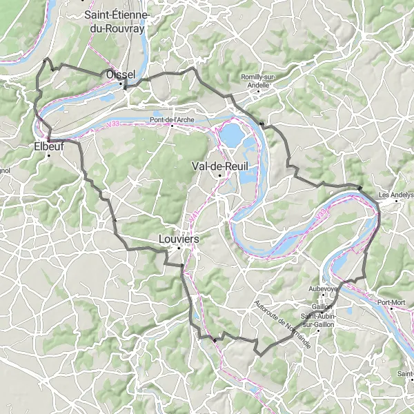 Map miniature of "Round-Trip Cycling Route from Grand-Couronne" cycling inspiration in Haute-Normandie, France. Generated by Tarmacs.app cycling route planner