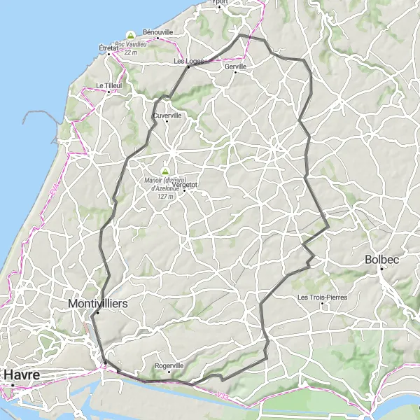 Miniature de la carte de l'inspiration cycliste "Parcours pittoresque autour de Harfleur" dans la Haute-Normandie, France. Générée par le planificateur d'itinéraire cycliste Tarmacs.app