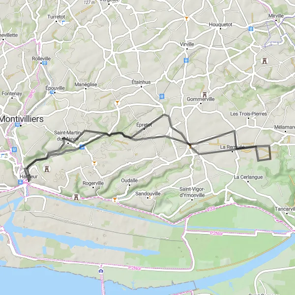 Map miniature of "Harfleur Loop" cycling inspiration in Haute-Normandie, France. Generated by Tarmacs.app cycling route planner