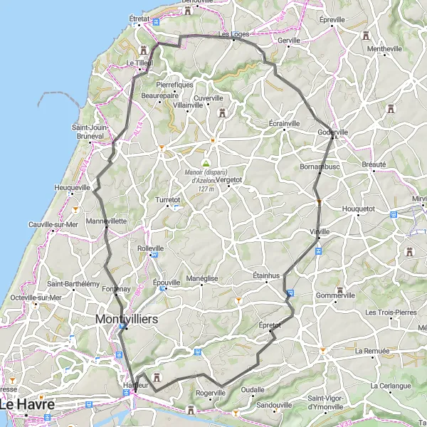 Map miniature of "Coastal Charm and Montivilliers" cycling inspiration in Haute-Normandie, France. Generated by Tarmacs.app cycling route planner