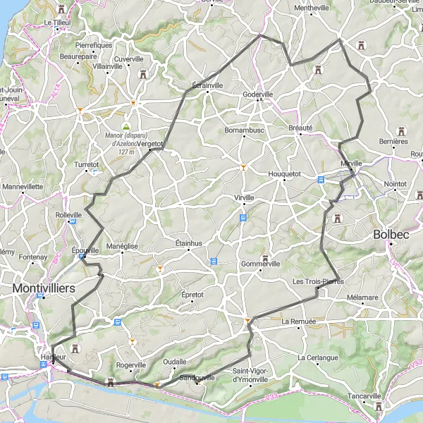 Miniature de la carte de l'inspiration cycliste "Circuit de Harfleur - Hermeville - Beuzeville-la-Grenier" dans la Haute-Normandie, France. Générée par le planificateur d'itinéraire cycliste Tarmacs.app