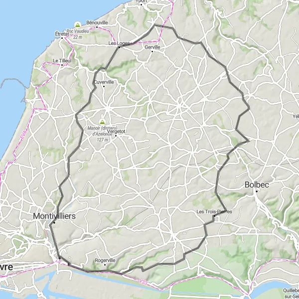 Map miniature of "Scenic Harfleur and Beyond" cycling inspiration in Haute-Normandie, France. Generated by Tarmacs.app cycling route planner