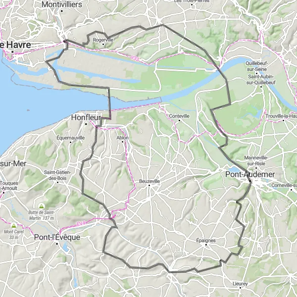 Miniature de la carte de l'inspiration cycliste "Escapade à vélo dans la campagne normande" dans la Haute-Normandie, France. Générée par le planificateur d'itinéraire cycliste Tarmacs.app