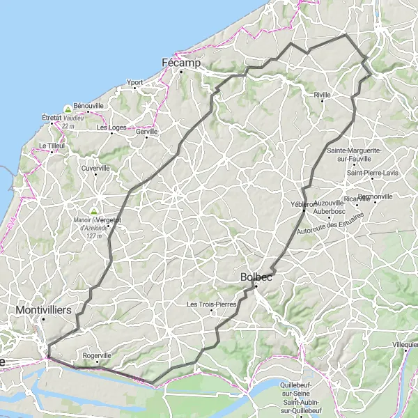 Miniature de la carte de l'inspiration cycliste "Parcours pittoresque à travers les routes normandes" dans la Haute-Normandie, France. Générée par le planificateur d'itinéraire cycliste Tarmacs.app