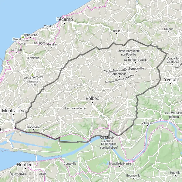 Map miniature of "Château de Tancarville and Coastal Delights" cycling inspiration in Haute-Normandie, France. Generated by Tarmacs.app cycling route planner