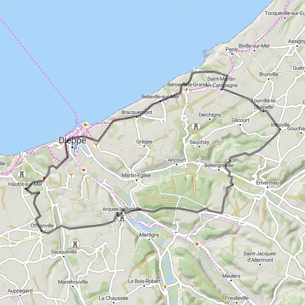 Map miniature of "The Coastal Delight" cycling inspiration in Haute-Normandie, France. Generated by Tarmacs.app cycling route planner