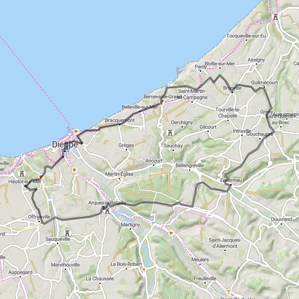 Map miniature of "The Coastal Adventure" cycling inspiration in Haute-Normandie, France. Generated by Tarmacs.app cycling route planner