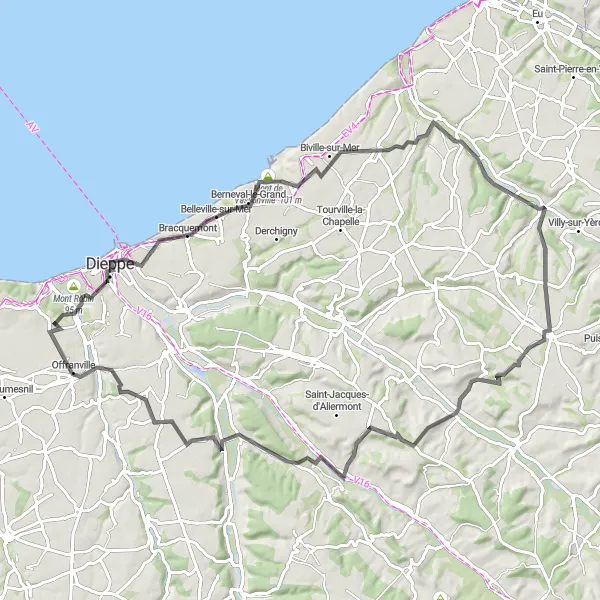Map miniature of "The Dieppe Loop" cycling inspiration in Haute-Normandie, France. Generated by Tarmacs.app cycling route planner