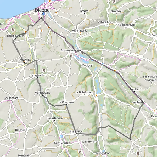 Map miniature of "Coastal Delight: Dieppe to Sauqueville" cycling inspiration in Haute-Normandie, France. Generated by Tarmacs.app cycling route planner