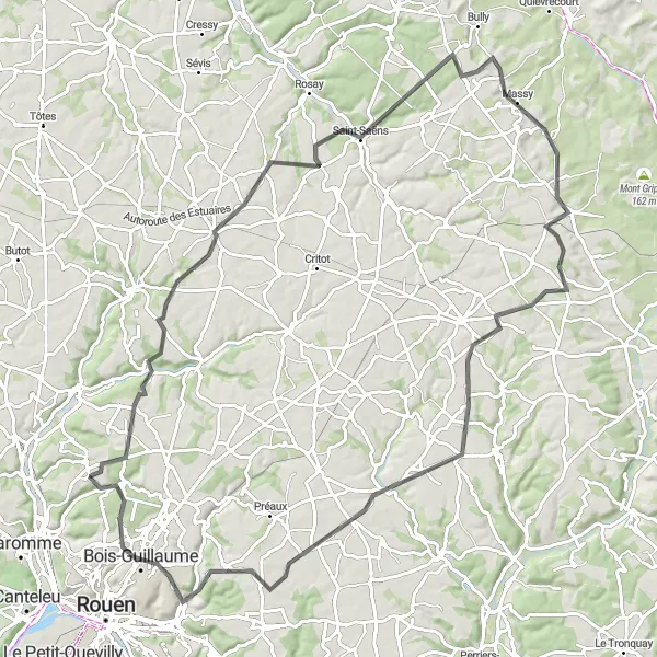 Map miniature of "The Varengeville Loop" cycling inspiration in Haute-Normandie, France. Generated by Tarmacs.app cycling route planner