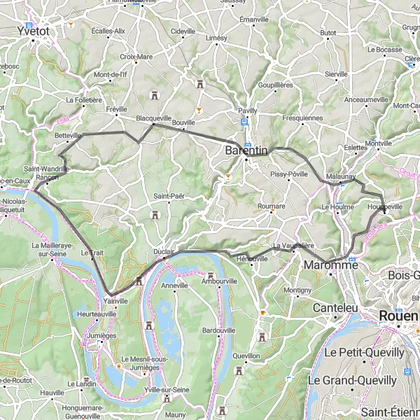 Map miniature of "Riverside Tour to Mont Géricault" cycling inspiration in Haute-Normandie, France. Generated by Tarmacs.app cycling route planner