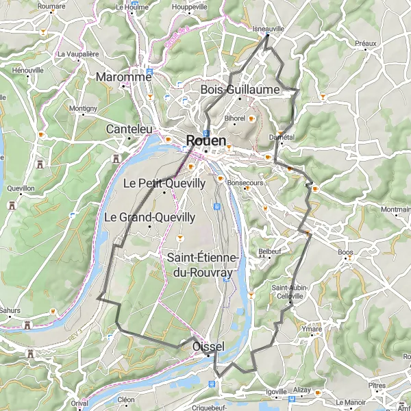 Map miniature of "Darnétal to Rouen Via Le Grand-Quevilly" cycling inspiration in Haute-Normandie, France. Generated by Tarmacs.app cycling route planner