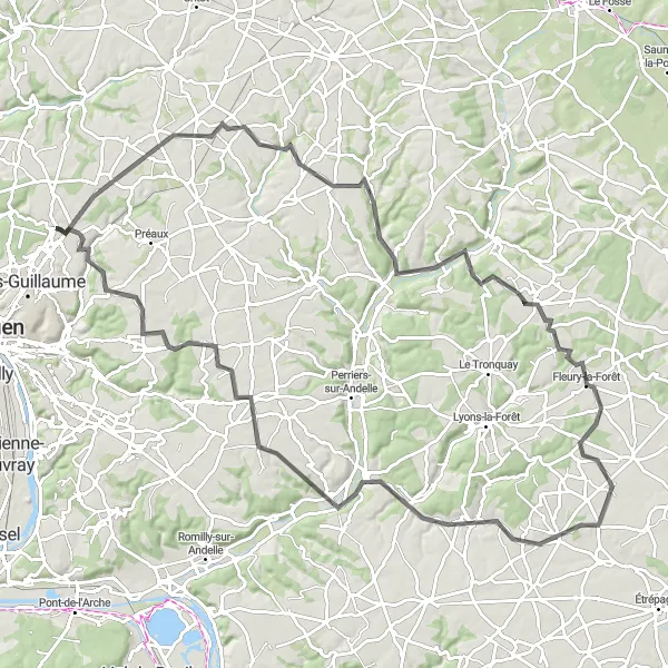 Map miniature of "Scenic Road Cycling Route near Isneauville" cycling inspiration in Haute-Normandie, France. Generated by Tarmacs.app cycling route planner