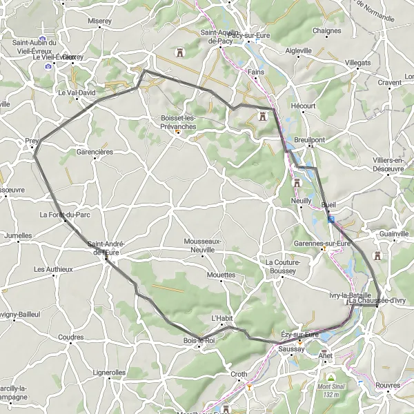 Map miniature of "Châteaux and Forests" cycling inspiration in Haute-Normandie, France. Generated by Tarmacs.app cycling route planner