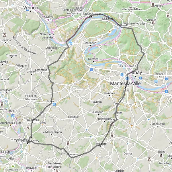 Map miniature of "Château de Guainville Loop" cycling inspiration in Haute-Normandie, France. Generated by Tarmacs.app cycling route planner