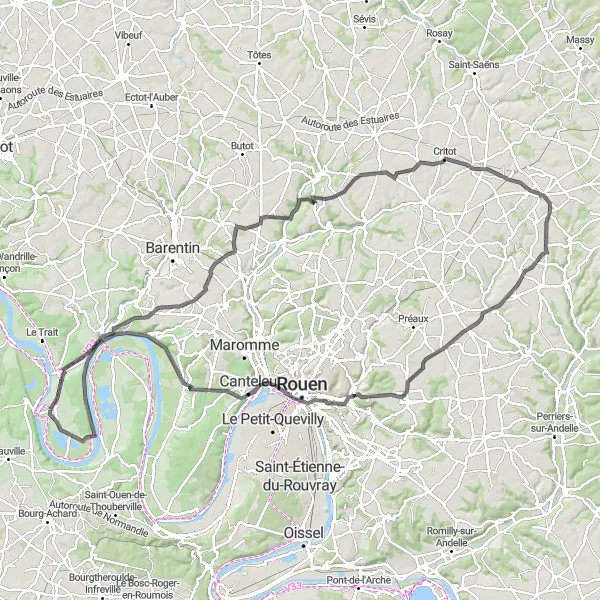 Miniature de la carte de l'inspiration cycliste "Parcours panoramique vers Jumièges" dans la Haute-Normandie, France. Générée par le planificateur d'itinéraire cycliste Tarmacs.app