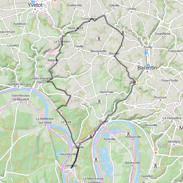 Miniature de la carte de l'inspiration cycliste "Boucle des Boucles de la Seine" dans la Haute-Normandie, France. Générée par le planificateur d'itinéraire cycliste Tarmacs.app