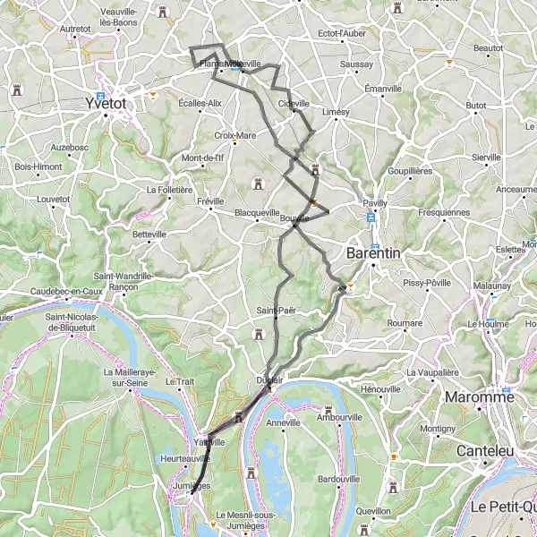 Miniature de la carte de l'inspiration cycliste "Boucle Yainville - Jumièges" dans la Haute-Normandie, France. Générée par le planificateur d'itinéraire cycliste Tarmacs.app