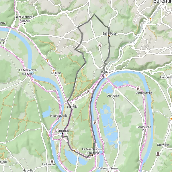 Miniature de la carte de l'inspiration cycliste "Tour des Abbayes du Pays de Caux" dans la Haute-Normandie, France. Générée par le planificateur d'itinéraire cycliste Tarmacs.app