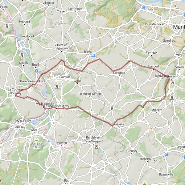 Map miniature of "La Couture-Boussey to Garennes-sur-Eure Gravel Route" cycling inspiration in Haute-Normandie, France. Generated by Tarmacs.app cycling route planner