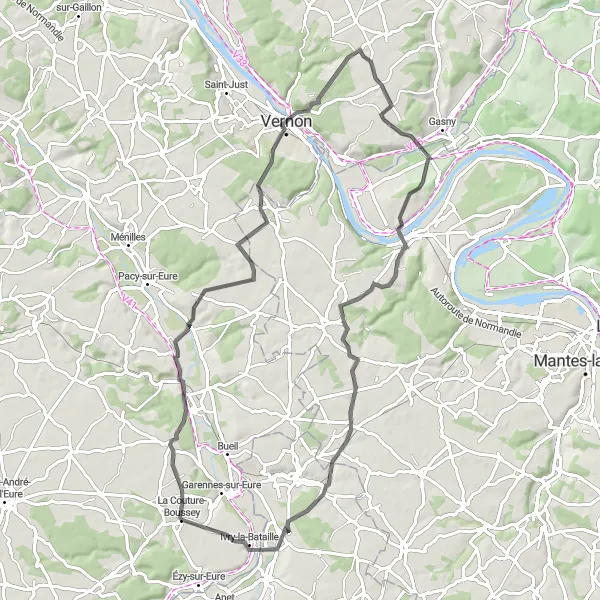Miniature de la carte de l'inspiration cycliste "La Boucle de Vernon" dans la Haute-Normandie, France. Générée par le planificateur d'itinéraire cycliste Tarmacs.app