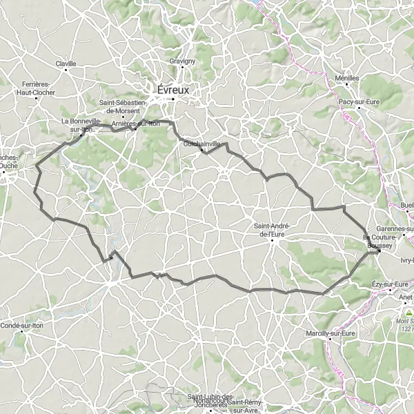 Miniature de la carte de l'inspiration cycliste "Route des Châteaux" dans la Haute-Normandie, France. Générée par le planificateur d'itinéraire cycliste Tarmacs.app
