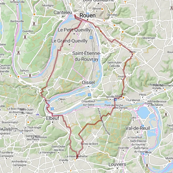 Miniature de la carte de l'inspiration cycliste "Randonnée VTT aventureuse de 76 km autour de La Haye-Malherbe" dans la Haute-Normandie, France. Générée par le planificateur d'itinéraire cycliste Tarmacs.app