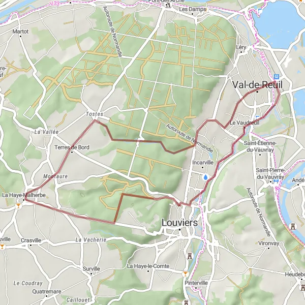 Map miniature of "La Haye-Malherbe Gravel Trail" cycling inspiration in Haute-Normandie, France. Generated by Tarmacs.app cycling route planner