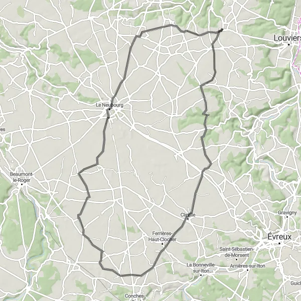 Miniature de la carte de l'inspiration cycliste "Parcours de cyclisme sur route pittoresque de 76 km près de La Haye-Malherbe" dans la Haute-Normandie, France. Générée par le planificateur d'itinéraire cycliste Tarmacs.app