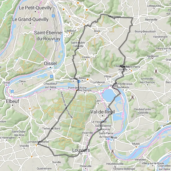 Map miniature of "Scenic Loop of Pont-de-l'Arche" cycling inspiration in Haute-Normandie, France. Generated by Tarmacs.app cycling route planner