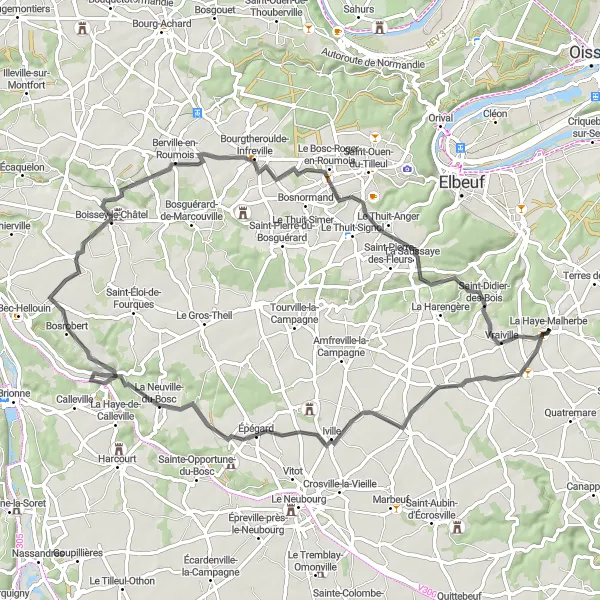 Miniature de la carte de l'inspiration cycliste "Itinéraire pittoresque de 71 km à La Haye-Malherbe" dans la Haute-Normandie, France. Générée par le planificateur d'itinéraire cycliste Tarmacs.app