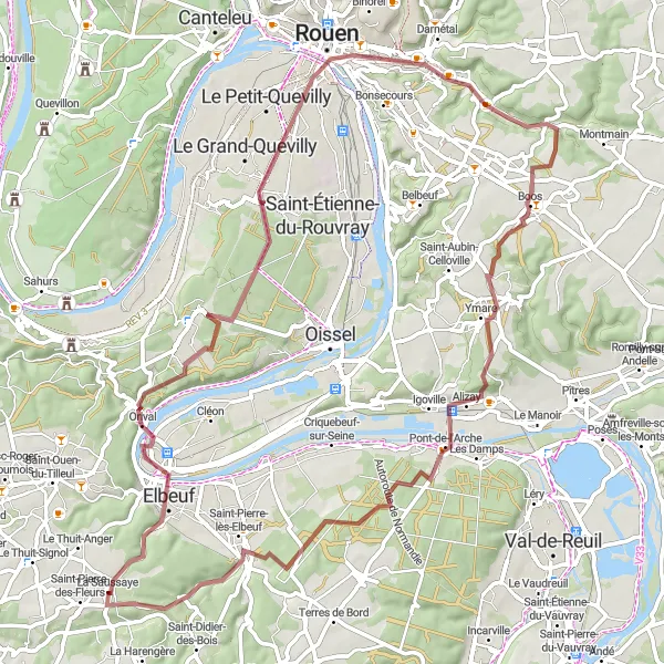 Miniature de la carte de l'inspiration cycliste "Parcours gravel autour de La Saussaye" dans la Haute-Normandie, France. Générée par le planificateur d'itinéraire cycliste Tarmacs.app