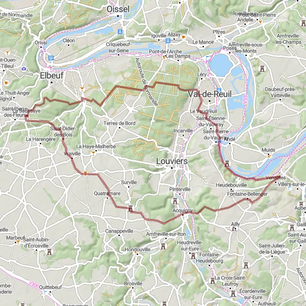 Miniature de la carte de l'inspiration cycliste "Aventure gravel autour de La Saussaye" dans la Haute-Normandie, France. Générée par le planificateur d'itinéraire cycliste Tarmacs.app