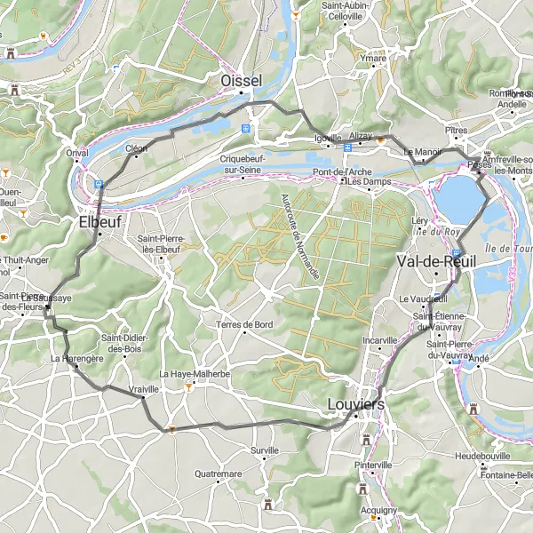 Miniature de la carte de l'inspiration cycliste "Circuit des Deux Amants" dans la Haute-Normandie, France. Générée par le planificateur d'itinéraire cycliste Tarmacs.app
