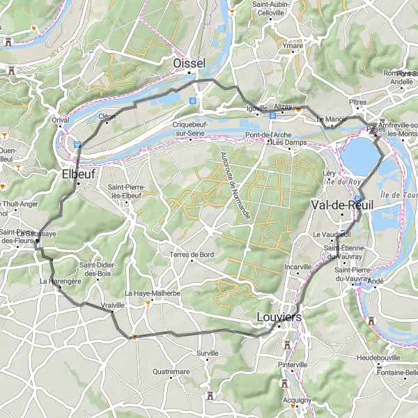 Map miniature of "La Saussaye - Elbeuf Loop" cycling inspiration in Haute-Normandie, France. Generated by Tarmacs.app cycling route planner