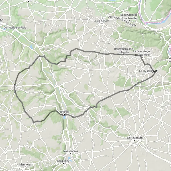 Miniature de la carte de l'inspiration cycliste "Parcours vallonné autour de La Saussaye" dans la Haute-Normandie, France. Générée par le planificateur d'itinéraire cycliste Tarmacs.app