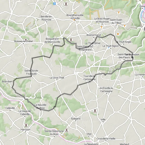 Miniature de la carte de l'inspiration cycliste "Boucle pittoresque de La Saussaye" dans la Haute-Normandie, France. Générée par le planificateur d'itinéraire cycliste Tarmacs.app