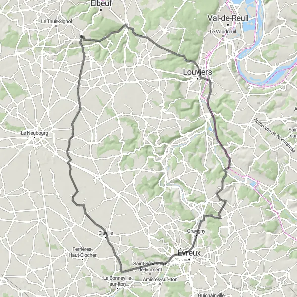 Map miniature of "La Saussaye - Saint-Cyr-la-Campagne Loop" cycling inspiration in Haute-Normandie, France. Generated by Tarmacs.app cycling route planner