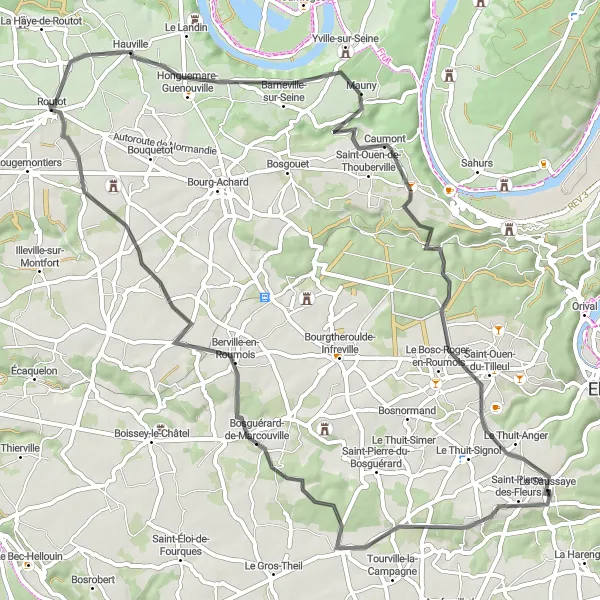 Miniature de la carte de l'inspiration cycliste "Parcours panoramique autour de La Saussaye" dans la Haute-Normandie, France. Générée par le planificateur d'itinéraire cycliste Tarmacs.app